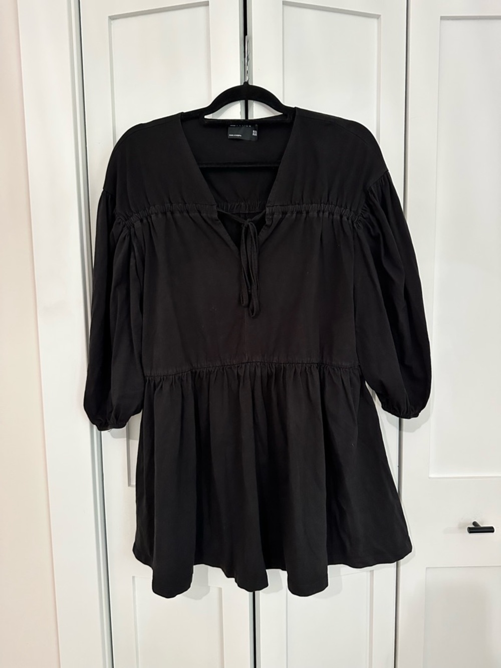 ASOS Black Mini Peasant Dress with Tie Neck